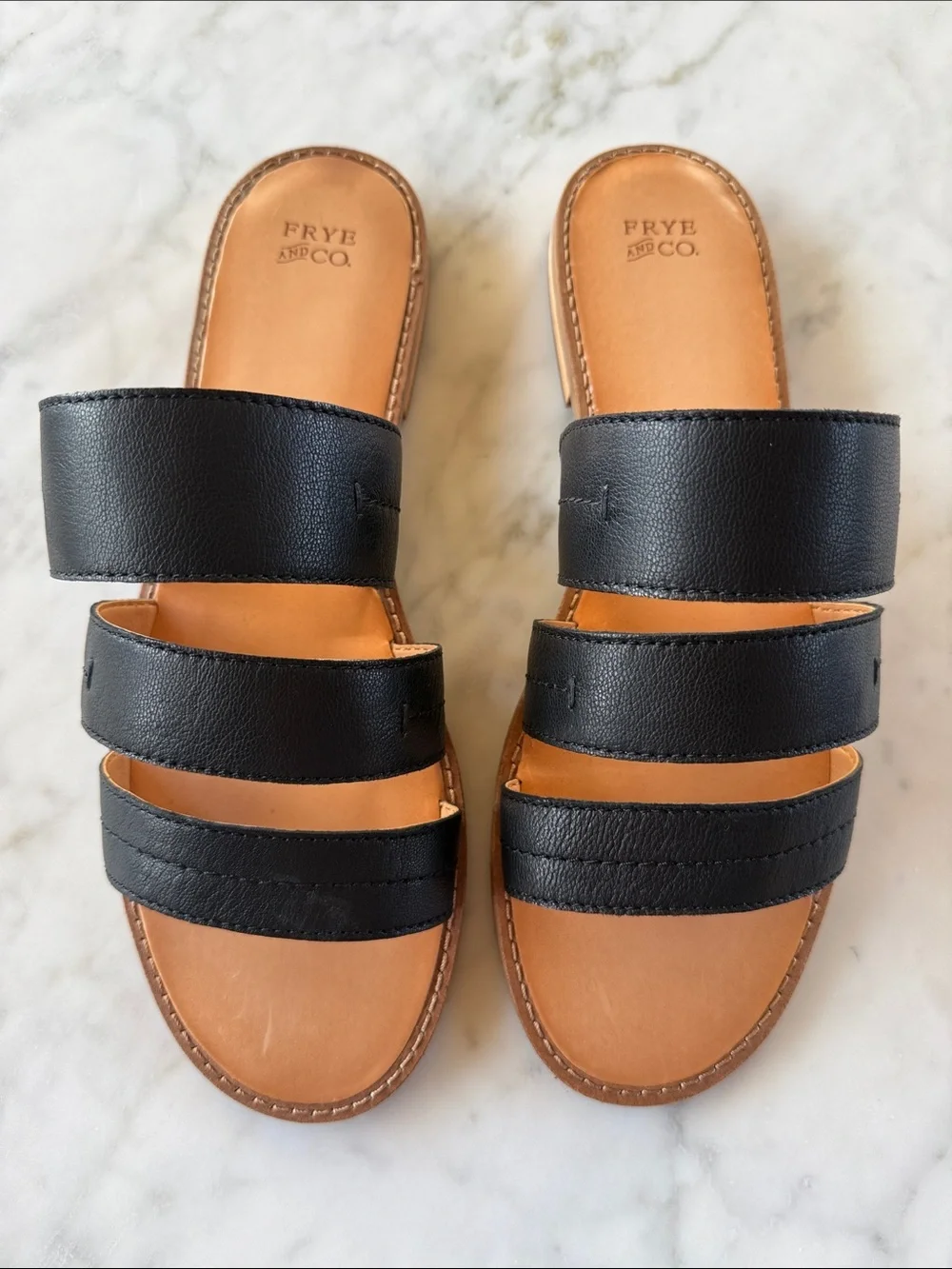 Frye Evie Black Three Band Leather Slide Sandals 9.5